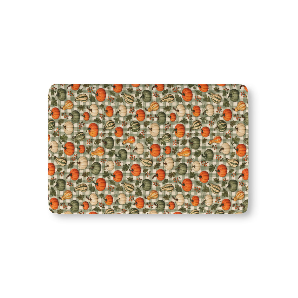 Green Gingham Pumpkin Crib Sheet laid flat in Mini size with pumpkins and gourds on sage green gingham