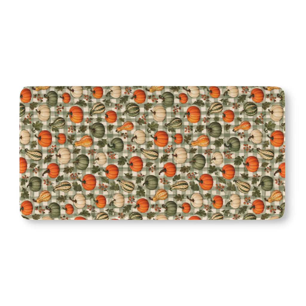 Green Gingham Pumpkin Crib Sheet laid flat in Standard size with pumpkins and gourds on sage green gingham