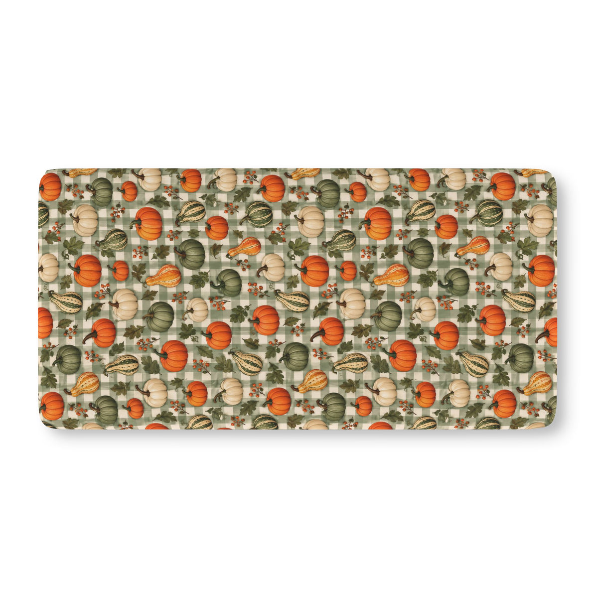 Green Gingham Pumpkin Crib Sheet laid flat in Standard size with pumpkins and gourds on sage green gingham