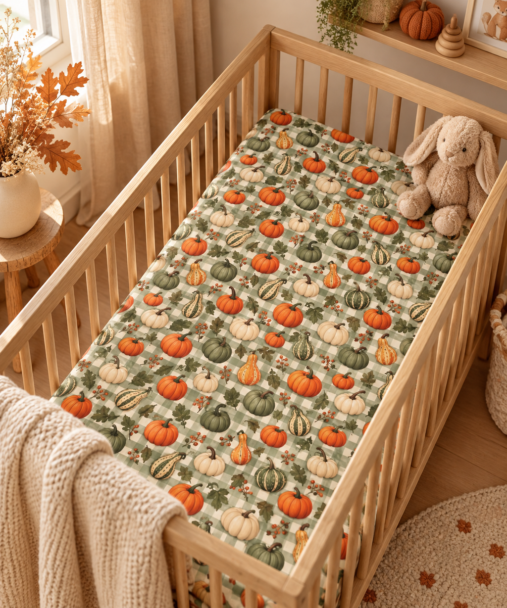 Green Gingham Pumpkin Crib Sheet on a wooden crib mattress in a fall nursery