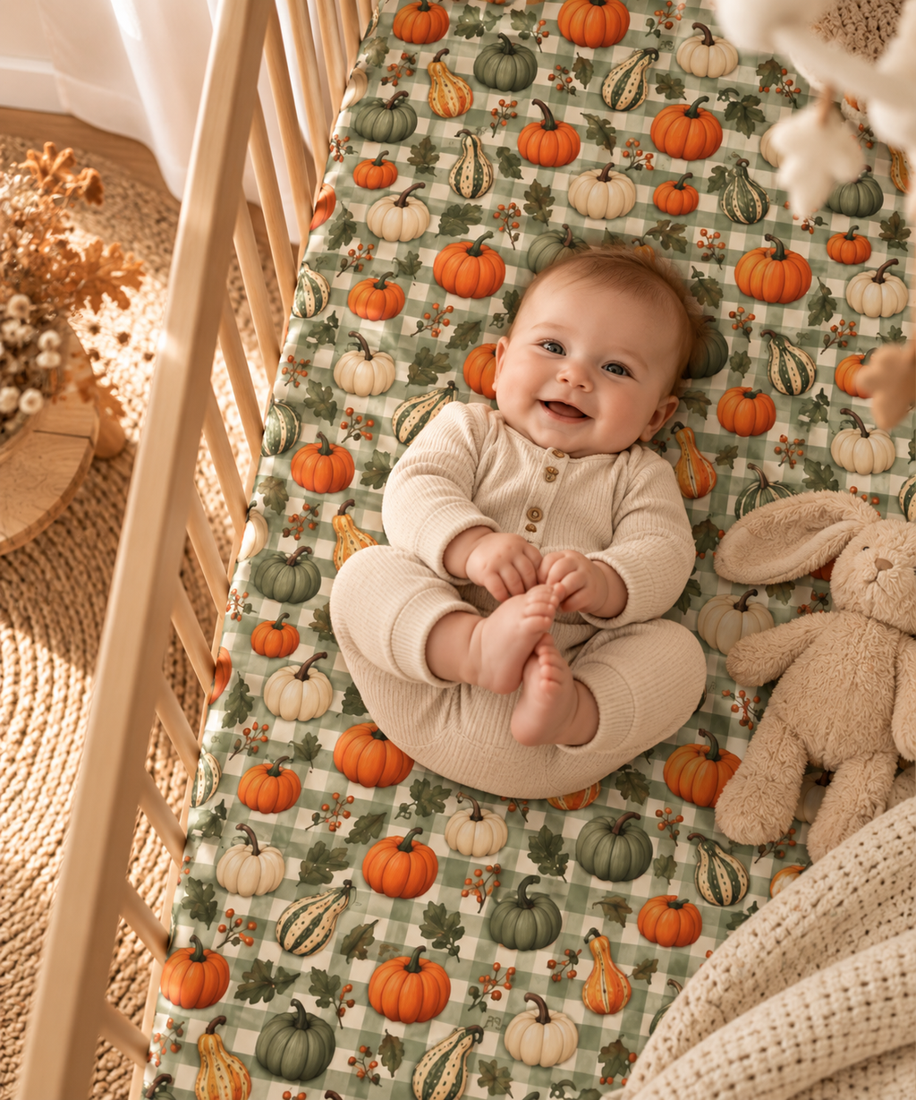 Smiling baby lying on the Green Gingham Pumpkin Crib Sheet