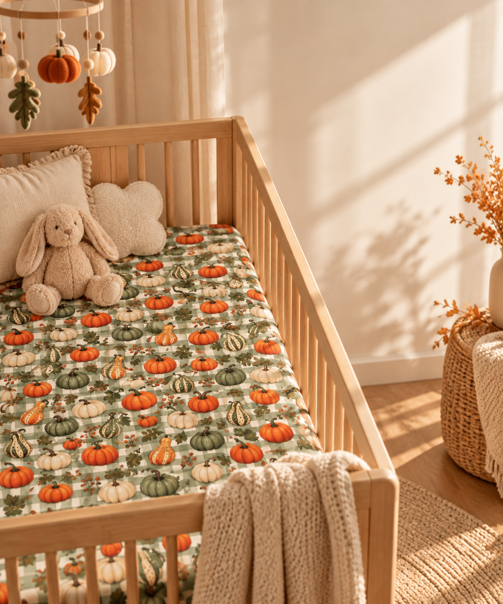 Green Gingham Pumpkin Crib Sheet in a wooden crib in a sunlit nursery