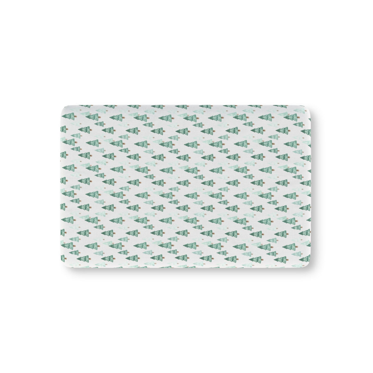 Green Pine Tree Crib Sheet laid flat in Mini size with green watercolor pine trees on white