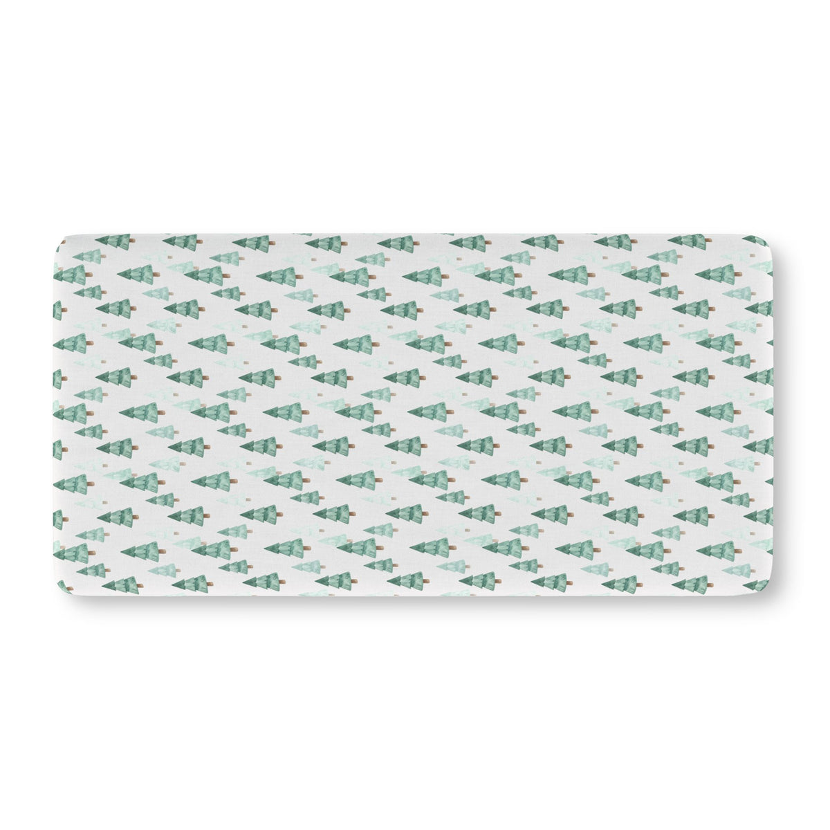 Green Pine Tree Crib Sheet laid flat in Standard size with green watercolor pine trees on white