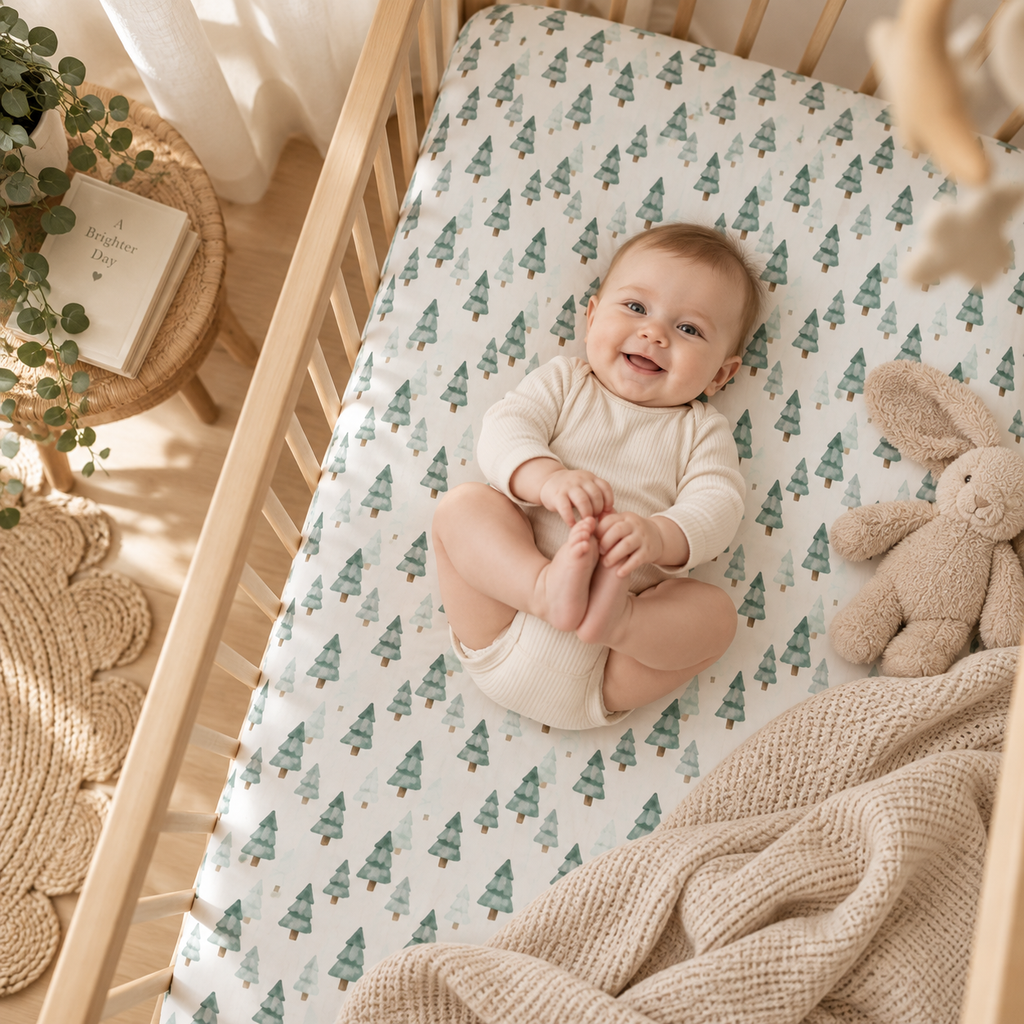 Smiling baby lying on the Green Pine Tree Crib Sheet
