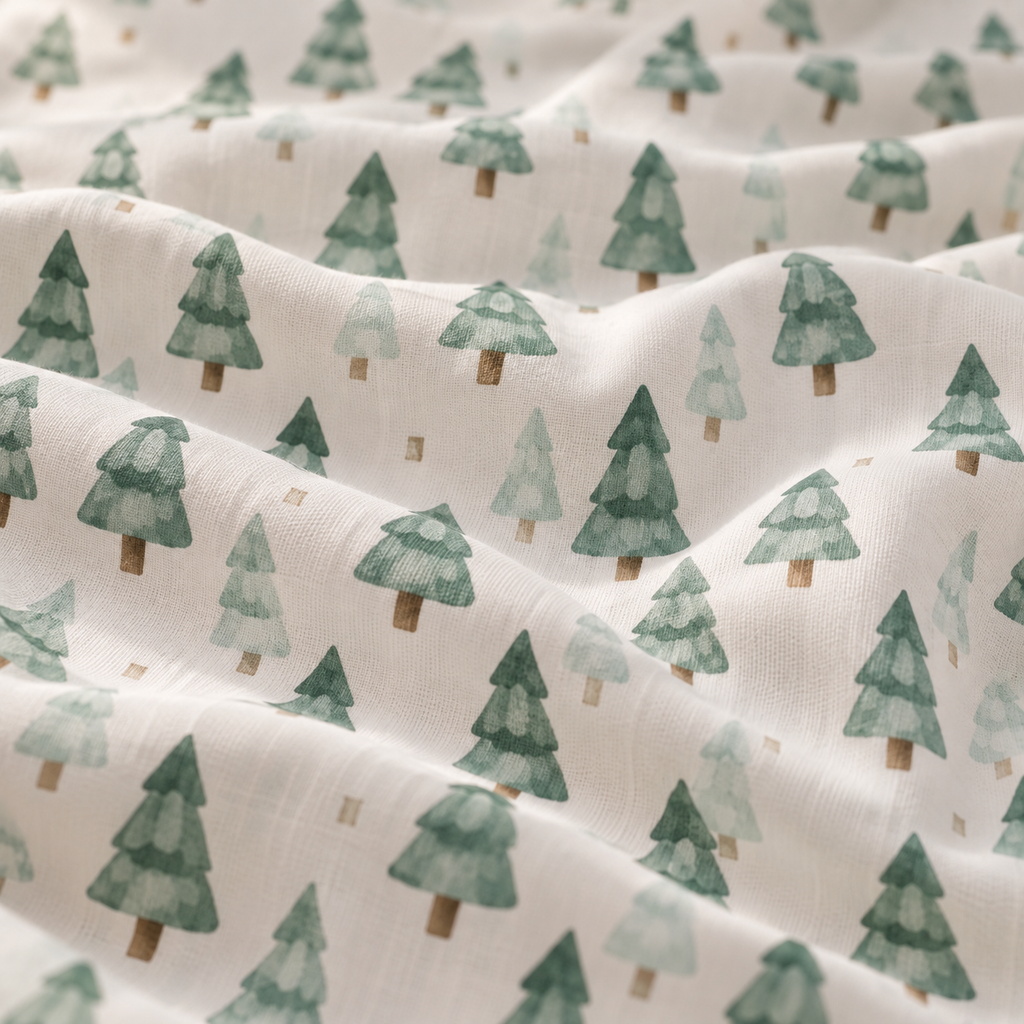 Close-up of the Green Pine Tree Crib Sheet fabric showing green watercolor pine trees on white