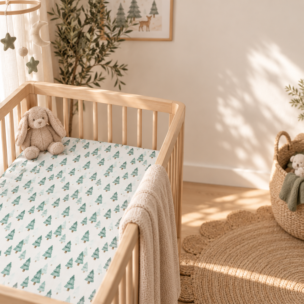 Green Pine Tree Crib Sheet in a wooden crib in a sunlit nursery
