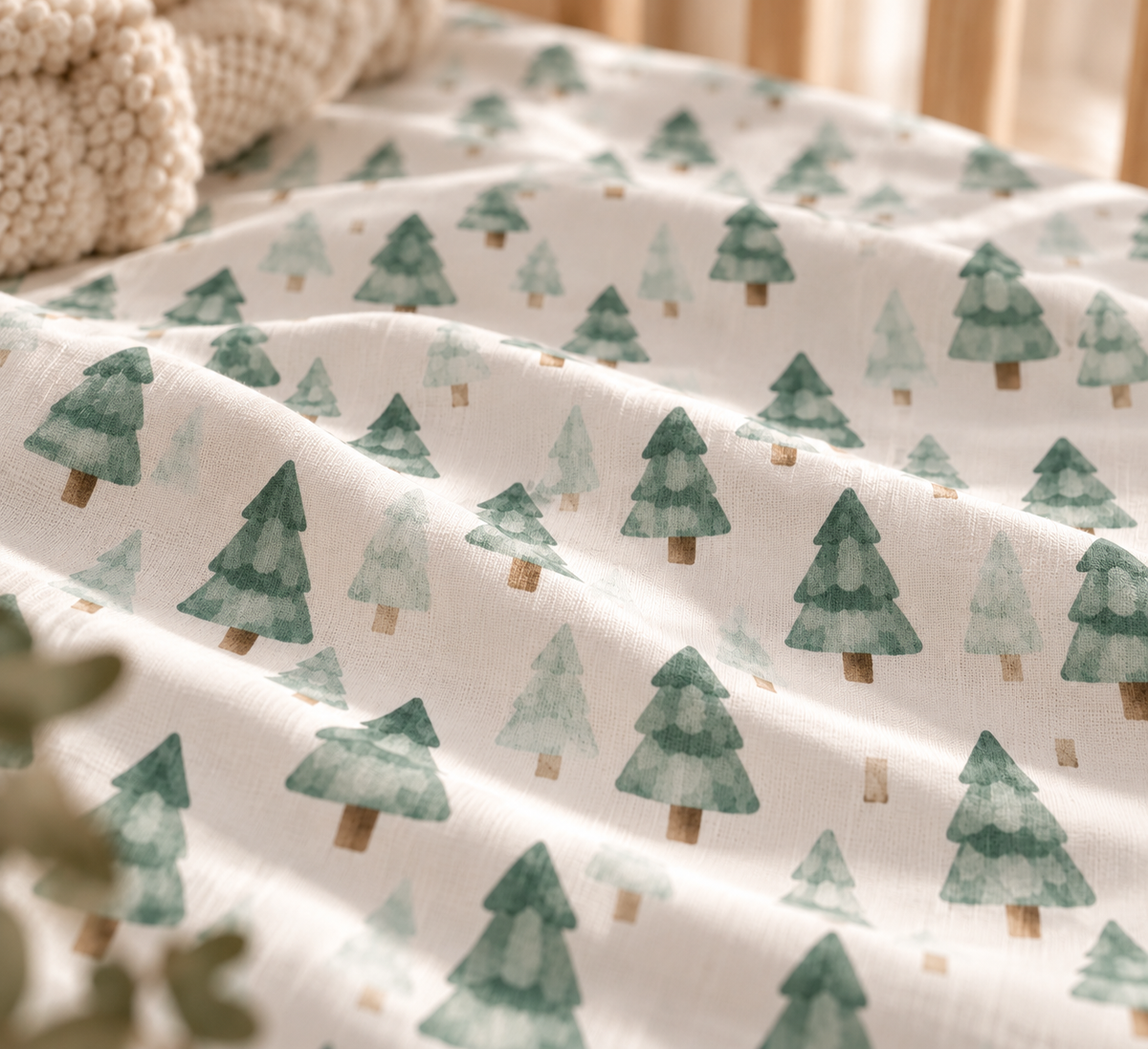 Folds of the Green Pine Tree Crib Sheet fabric seen up close