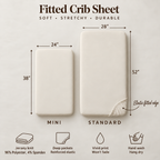 Size chart for the Green Pine Tree Crib Sheet: Mini 24 x 38 inches and Standard 28 x 52 inches