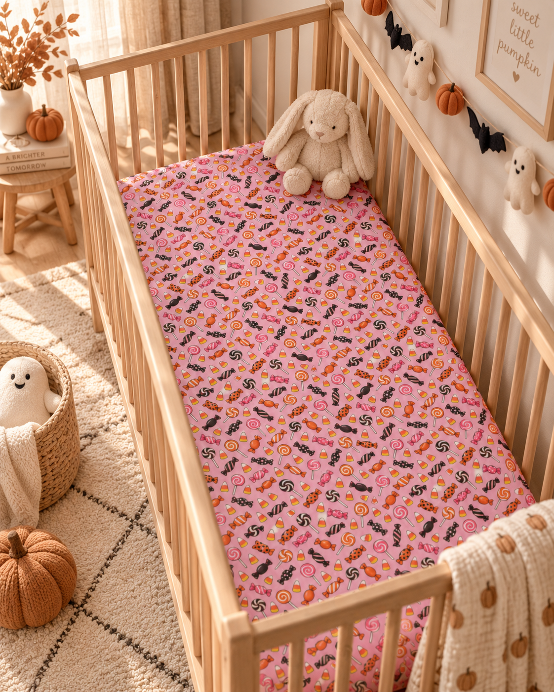 Halloween Candy Crib Sheet on a wooden crib mattress in a Halloween nursery