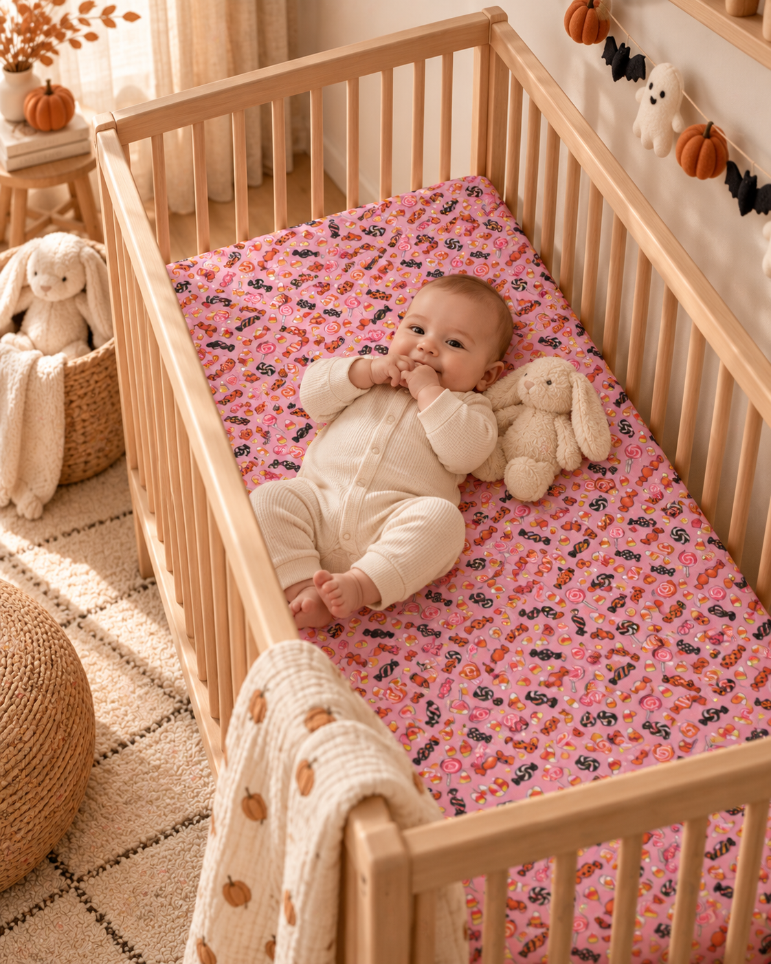 Baby lying on the Halloween Candy Crib Sheet