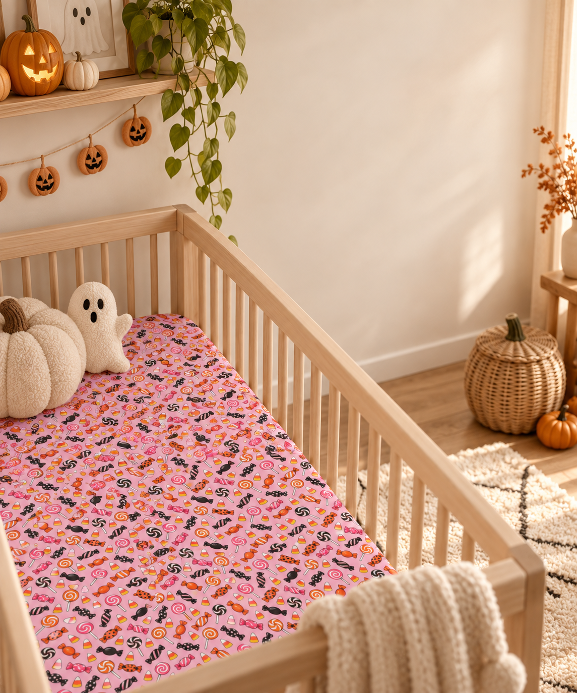 Halloween Candy Crib Sheet in a wooden crib in a sunlit nursery