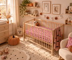 Nursery decorated for Halloween with a crib made up with the Halloween Candy Crib Sheet