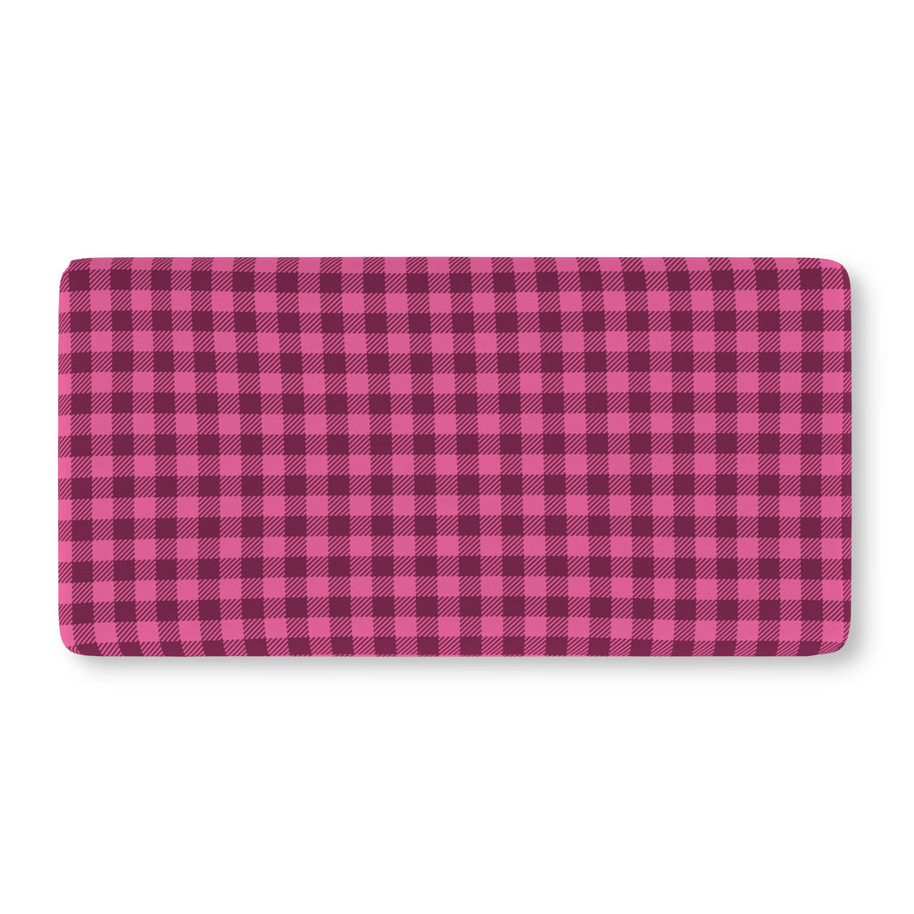 Hot Pink Gingham Crib Sheet laid flat in Standard size with a hot pink and berry check