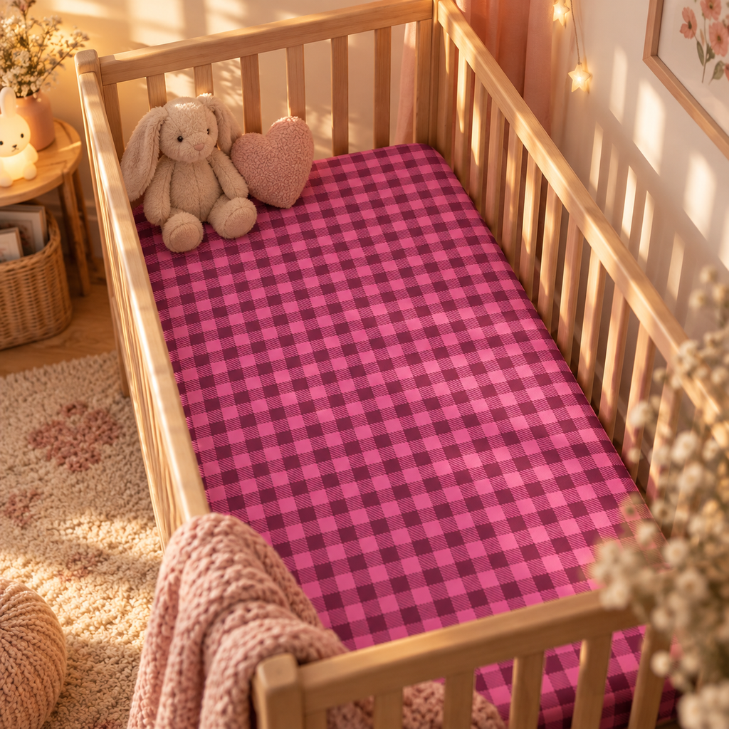 Hot Pink Gingham Crib Sheet on a wooden crib mattress in a baby girl nursery