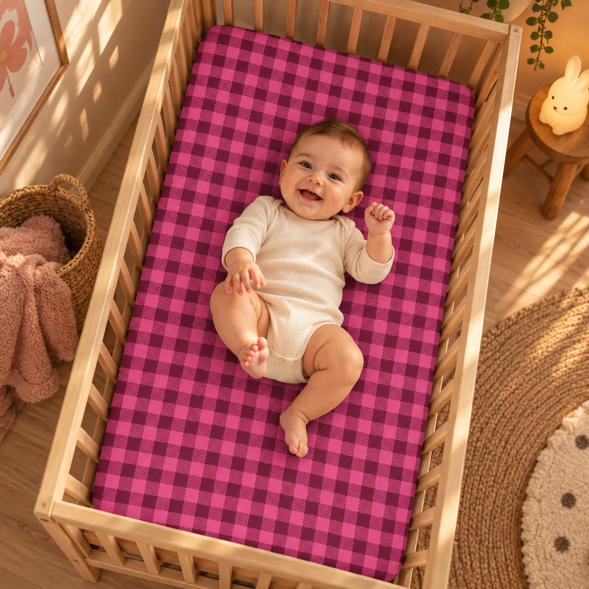 Smiling baby lying on the Hot Pink Gingham Crib Sheet