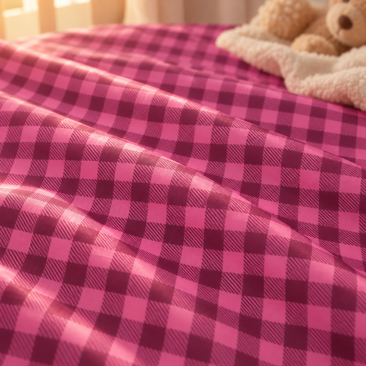 Close-up of the Hot Pink Gingham Crib Sheet fabric showing a hot pink and berry check