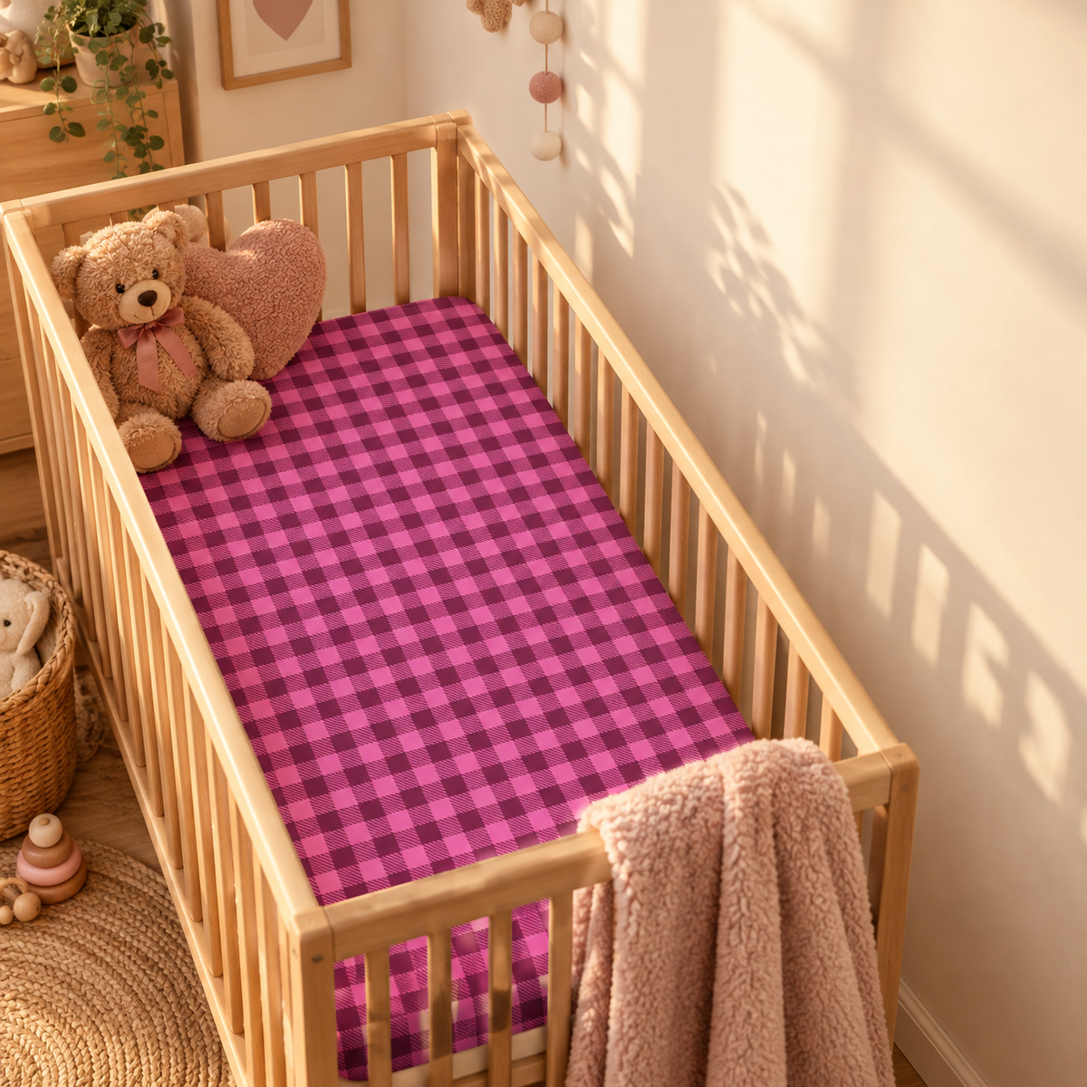 Hot Pink Gingham Crib Sheet in a wooden crib in a sunlit nursery