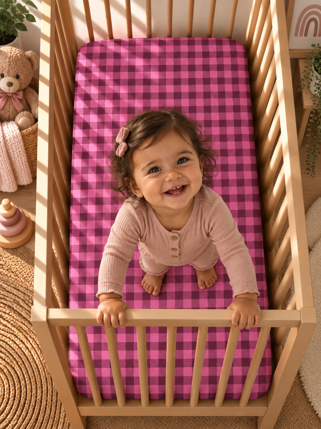 Toddler standing in a crib fitted with the Hot Pink Gingham Crib Sheet
