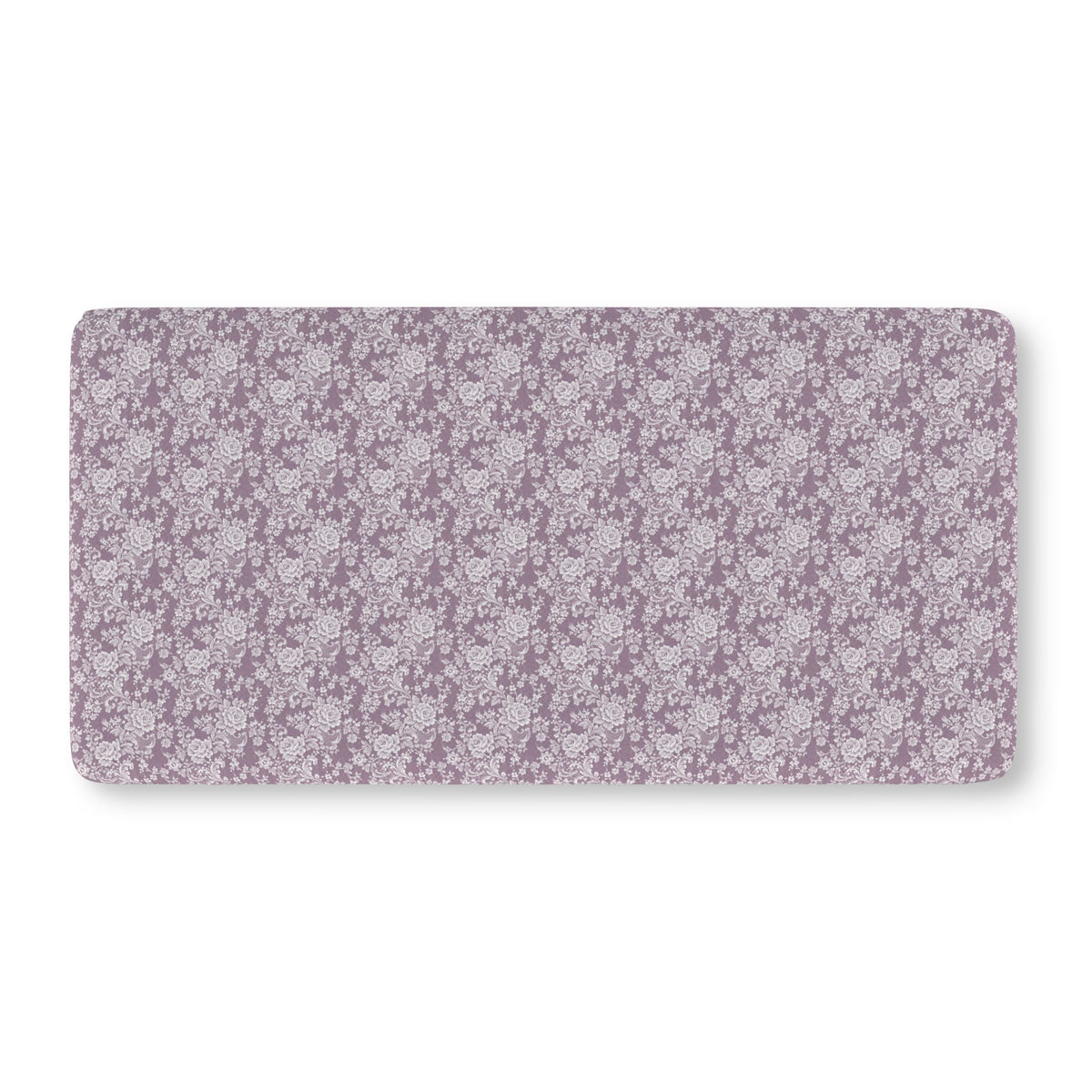 Lavender Lace Floral Crib Sheet laid flat in Standard size with white lace style roses on lavender