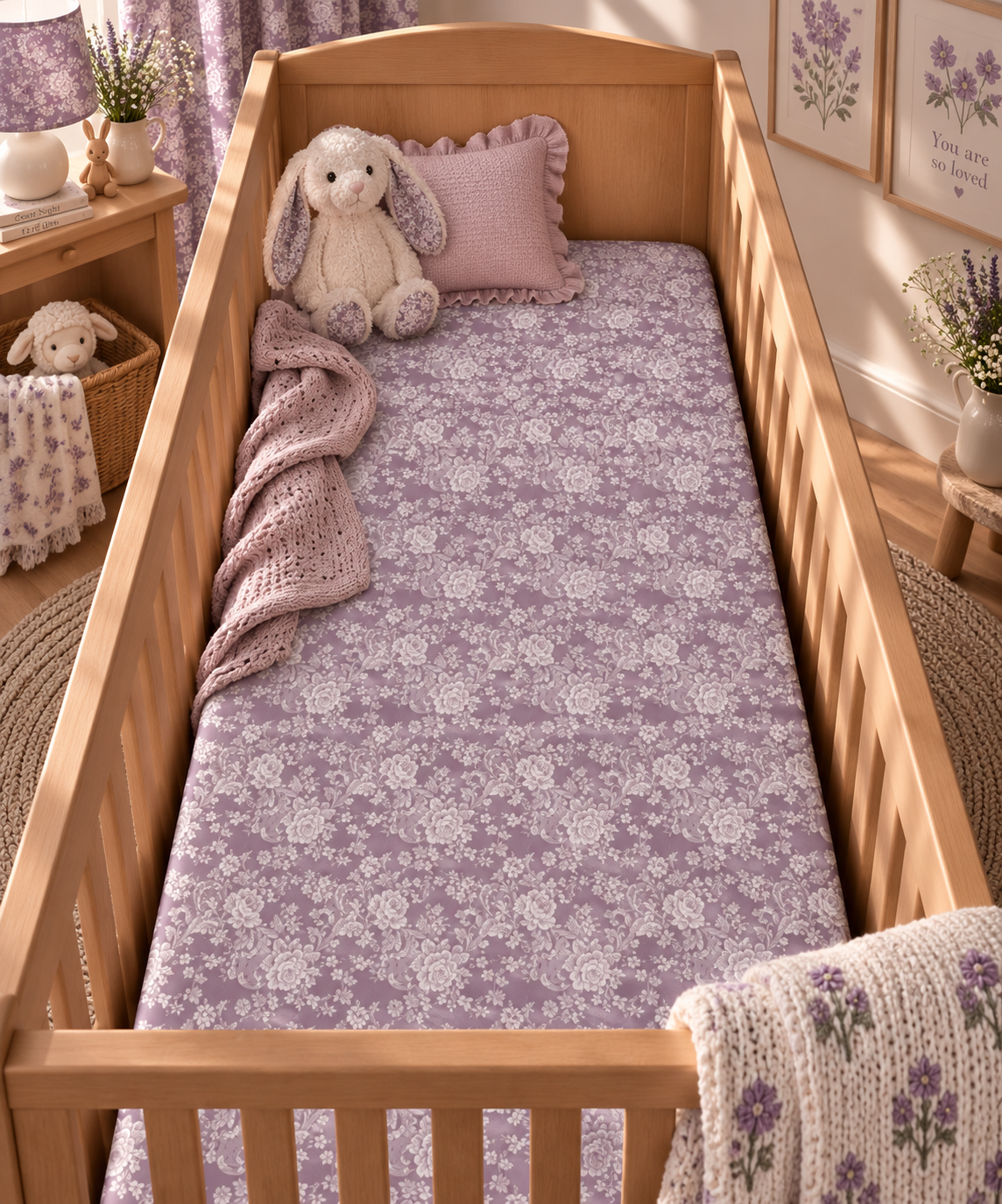 Lavender Lace Floral Crib Sheet on a wooden crib mattress in a baby girl nursery
