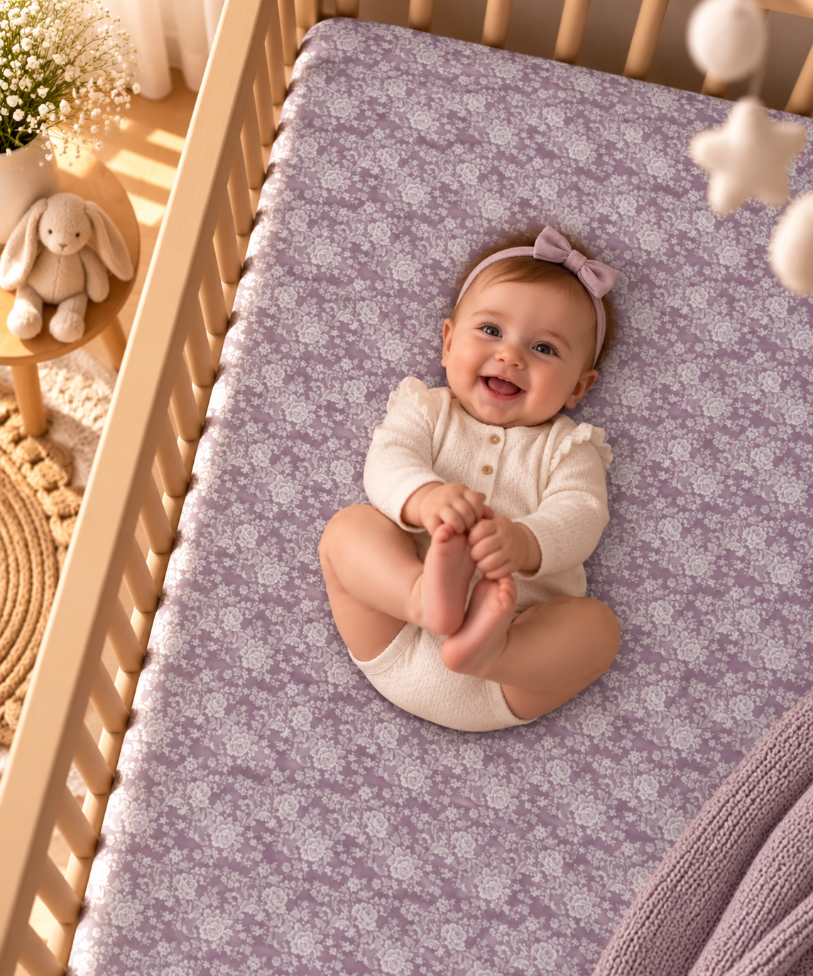 Smiling baby lying on the Lavender Lace Floral Crib Sheet