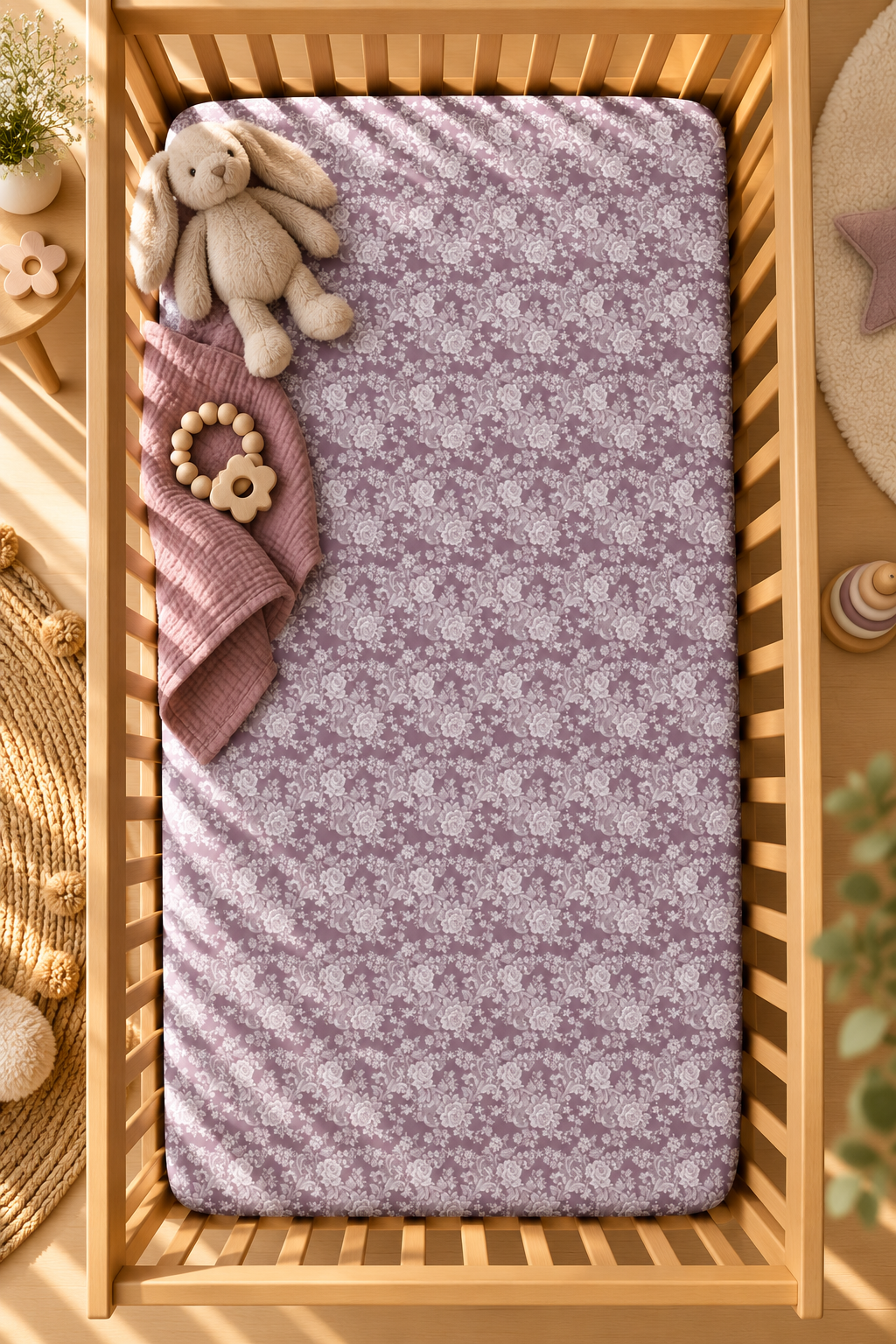 Lavender Lace Floral Crib Sheet seen from above in a wooden crib