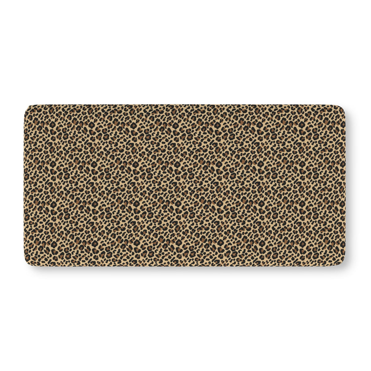 Leopard Print Crib Sheet laid flat in Standard size with black and brown leopard spots on tan
