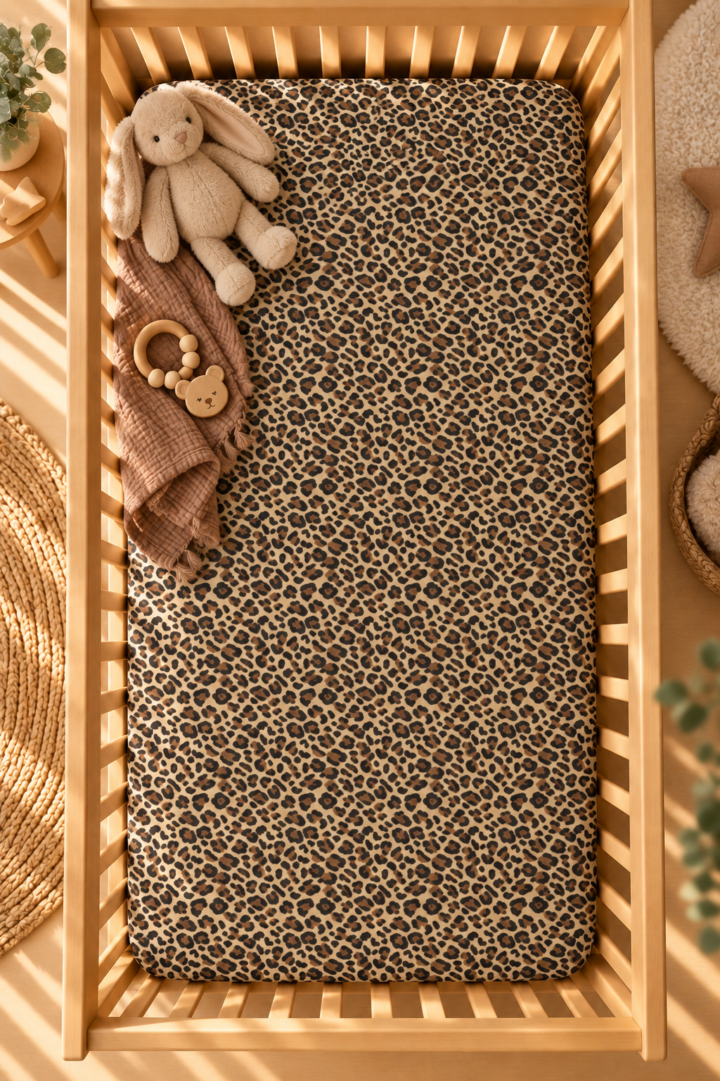 Leopard Print Crib Sheet seen from above in a wooden crib