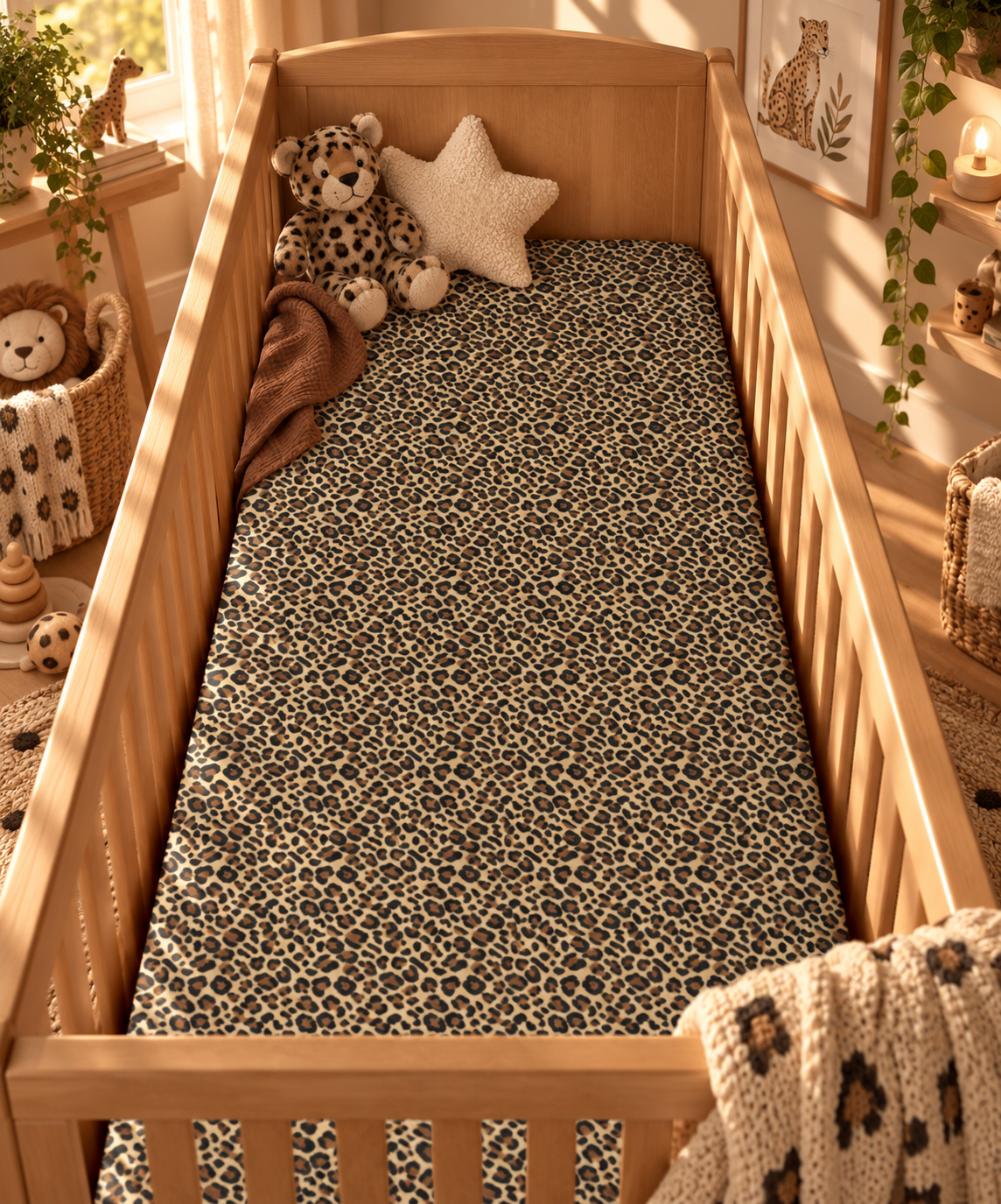 Leopard Print Crib Sheet on a wooden crib mattress in a safari nursery
