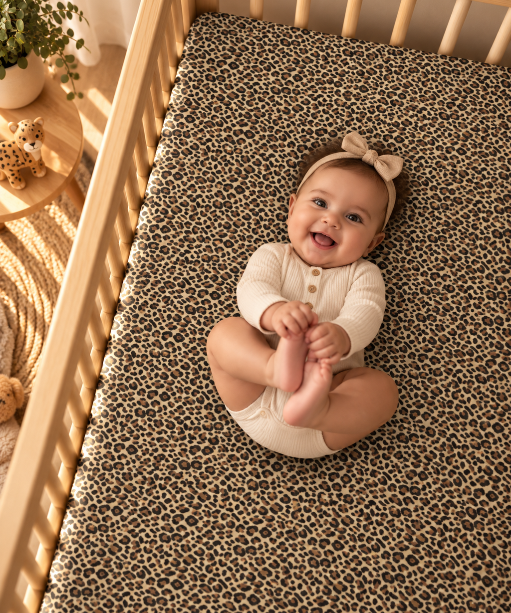 Smiling baby lying on the Leopard Print Crib Sheet