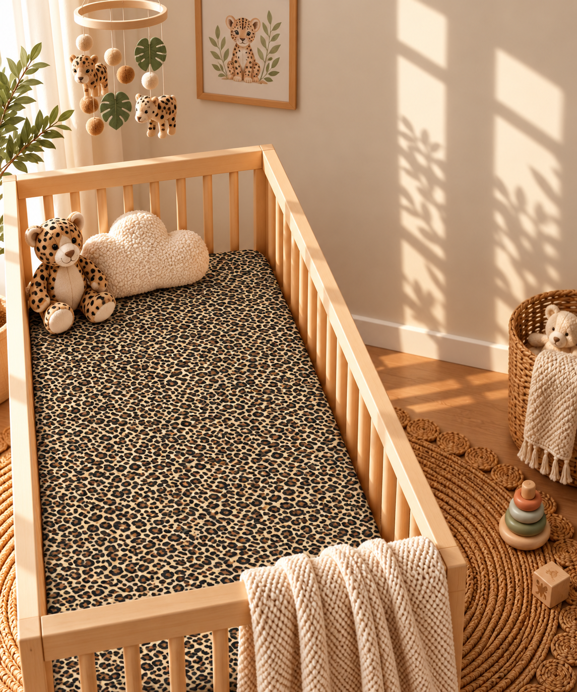 Leopard Print Crib Sheet in a wooden crib in a sunlit nursery