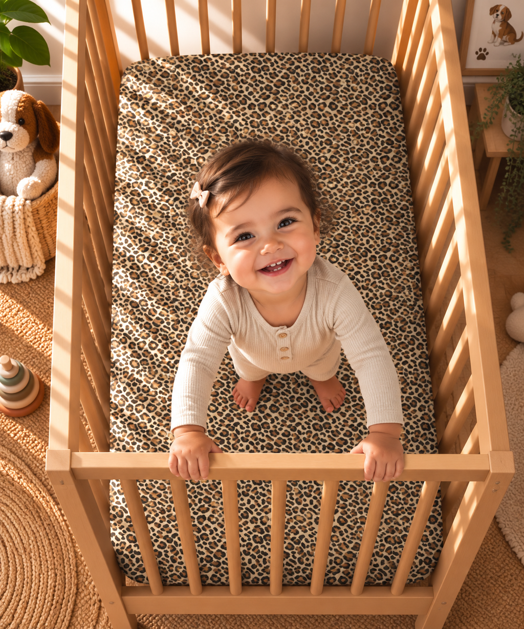 Toddler standing in a crib fitted with the Leopard Print Crib Sheet