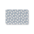 Light Blue Sheep Crib Sheet laid flat in Mini size with round fluffy sheep, wavy lines and tiny stars on light blue
