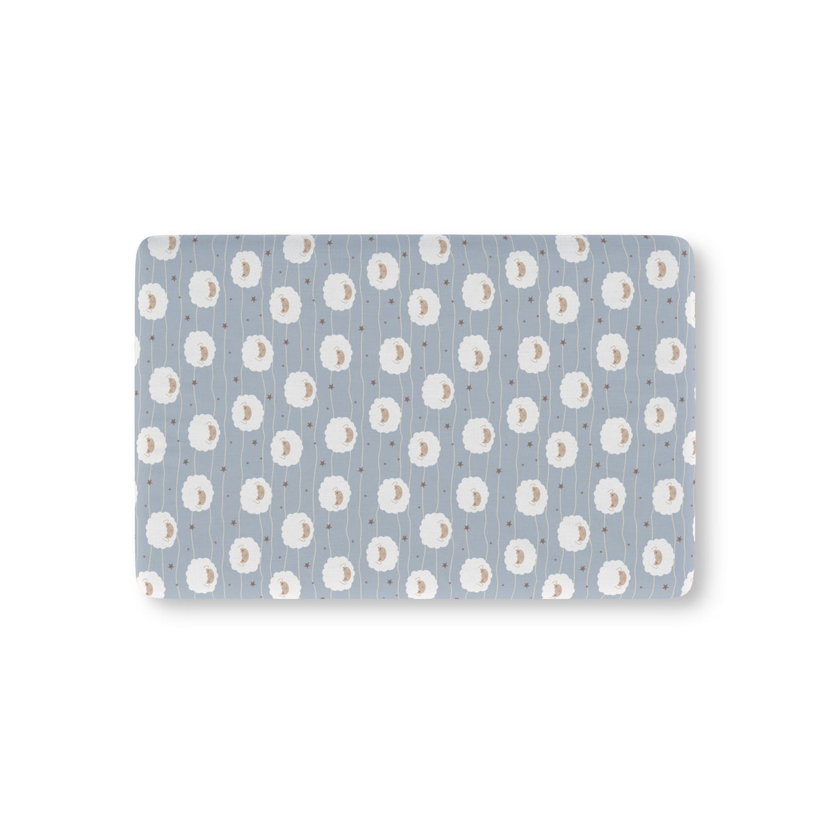 Light Blue Sheep Crib Sheet laid flat in Mini size with round fluffy sheep, wavy lines and tiny stars on light blue
