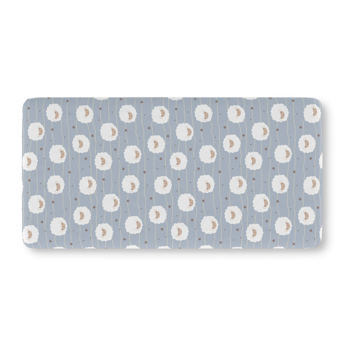 Light Blue Sheep Crib Sheet laid flat in Standard size with round fluffy sheep, wavy lines and tiny stars on light blue