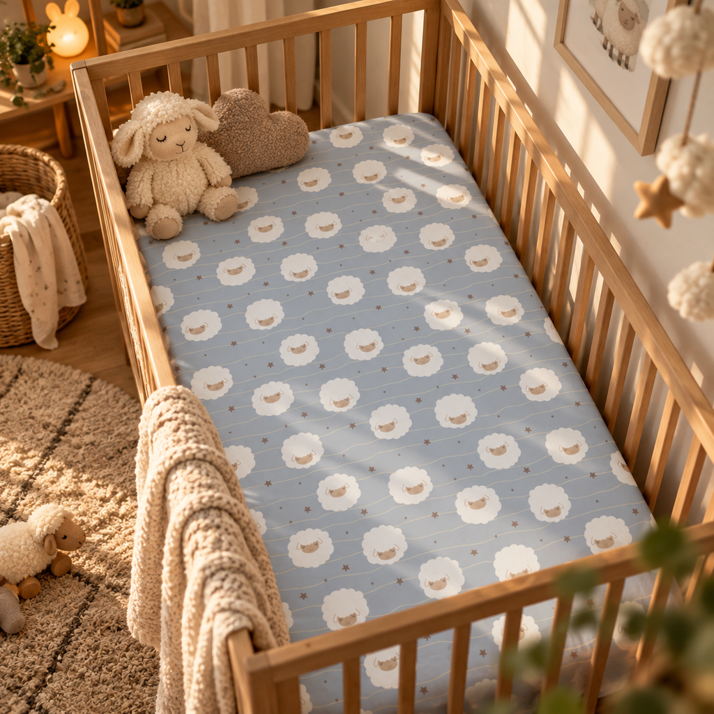 Light Blue Sheep Crib Sheet on a wooden crib mattress in a sheep nursery