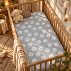 Light Blue Sheep Crib Sheet on a wooden crib mattress in a sheep nursery
