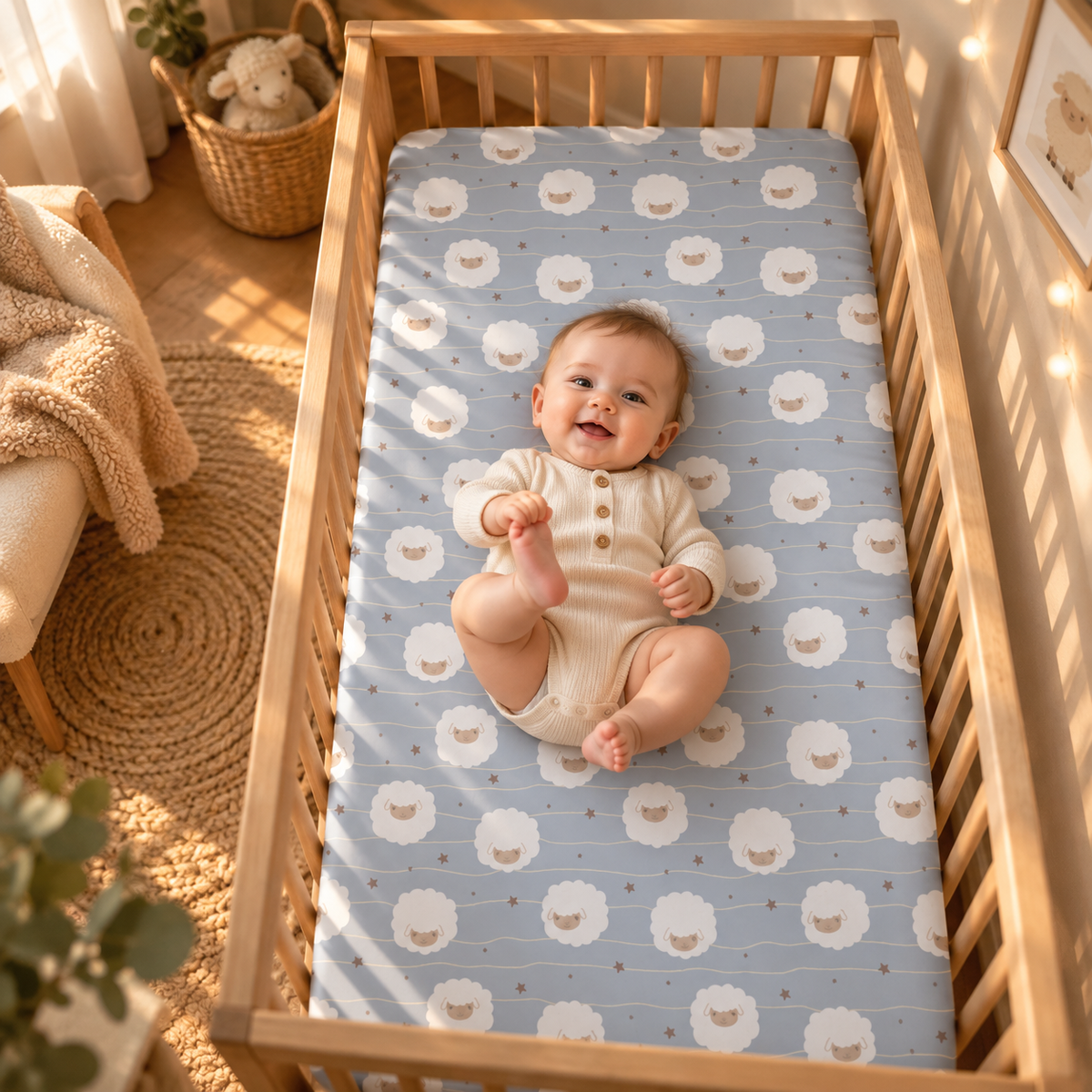 Smiling baby lying on the Light Blue Sheep Crib Sheet