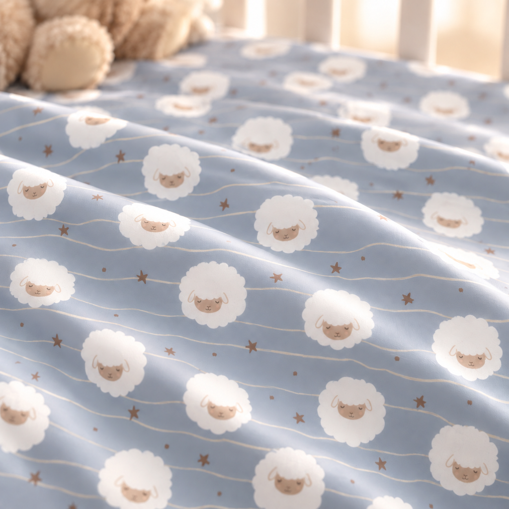 Close-up of the Light Blue Sheep Crib Sheet fabric showing round fluffy sheep, wavy lines and tiny stars on light blue