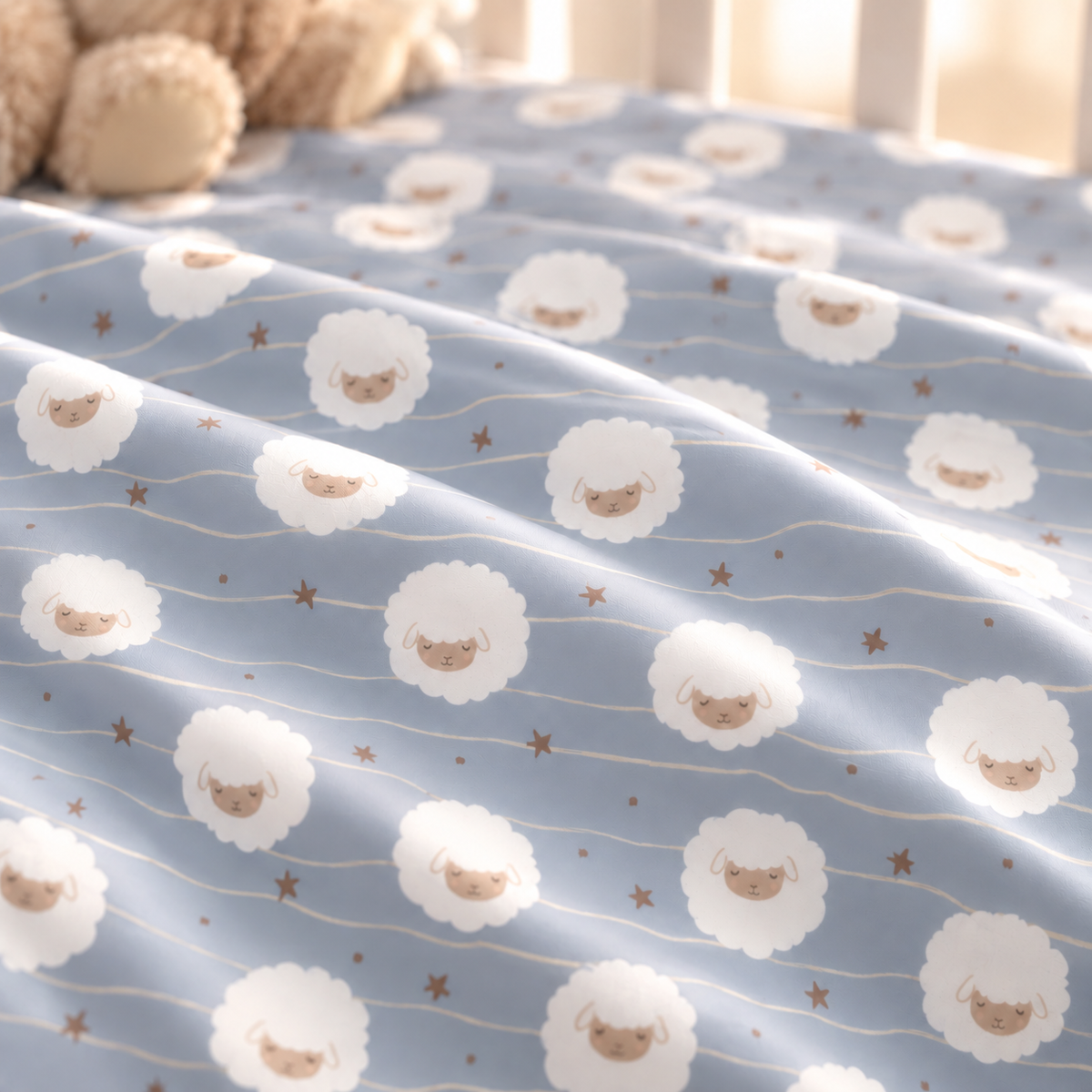 Close-up of the Light Blue Sheep Crib Sheet fabric showing round fluffy sheep, wavy lines and tiny stars on light blue
