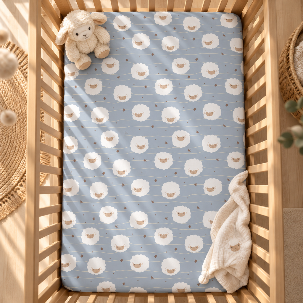 Light Blue Sheep Crib Sheet seen from above in a wooden crib