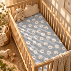 Light Blue Sheep Crib Sheet fitted in a wooden crib with a plush toy