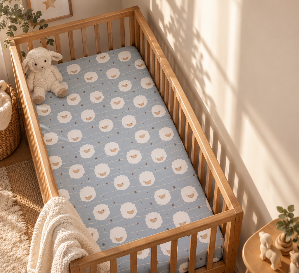 Light Blue Sheep Crib Sheet in a wooden crib in a sunlit nursery