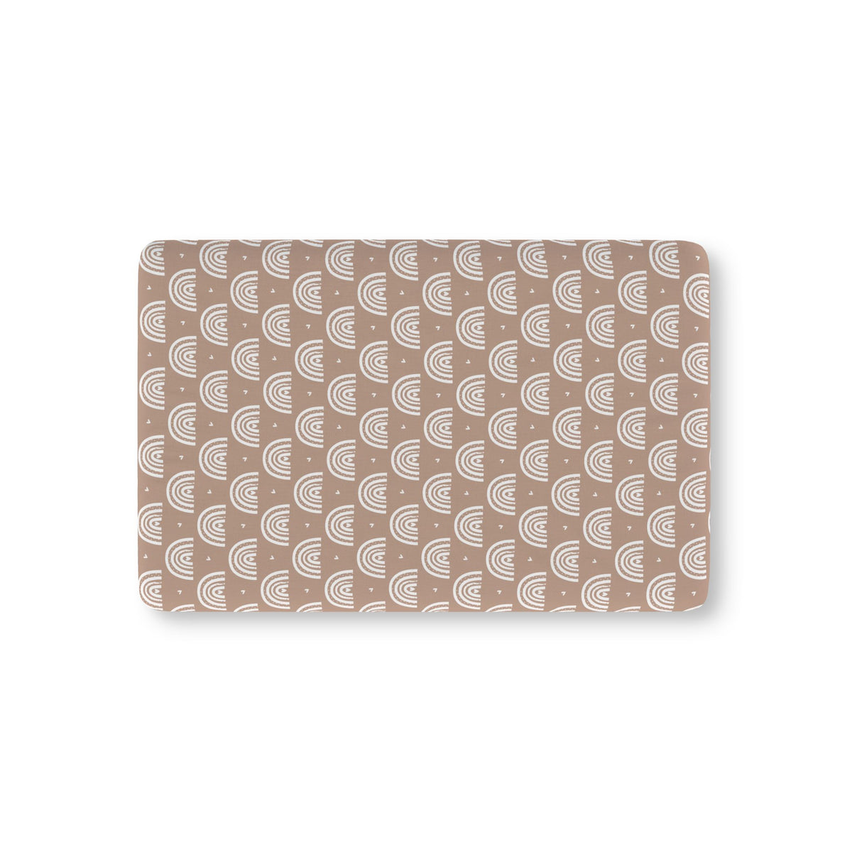 Mauve Boho Rainbow Crib Sheet laid flat in Mini size with white rainbow arches on mauve