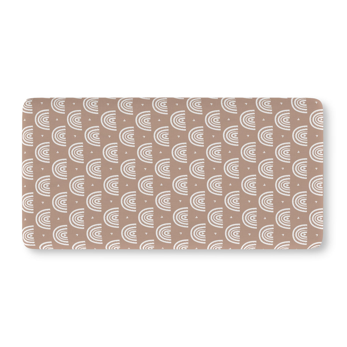 Mauve Boho Rainbow Crib Sheet laid flat in Standard size with white rainbow arches on mauve