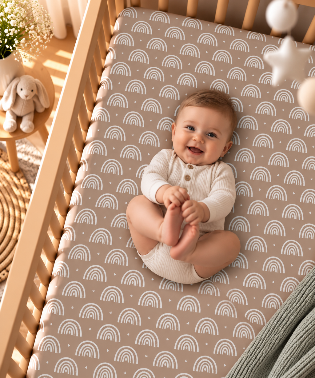 Smiling baby lying on the Mauve Boho Rainbow Crib Sheet