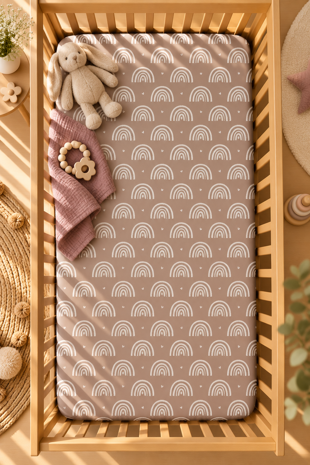 Mauve Boho Rainbow Crib Sheet seen from above in a wooden crib
