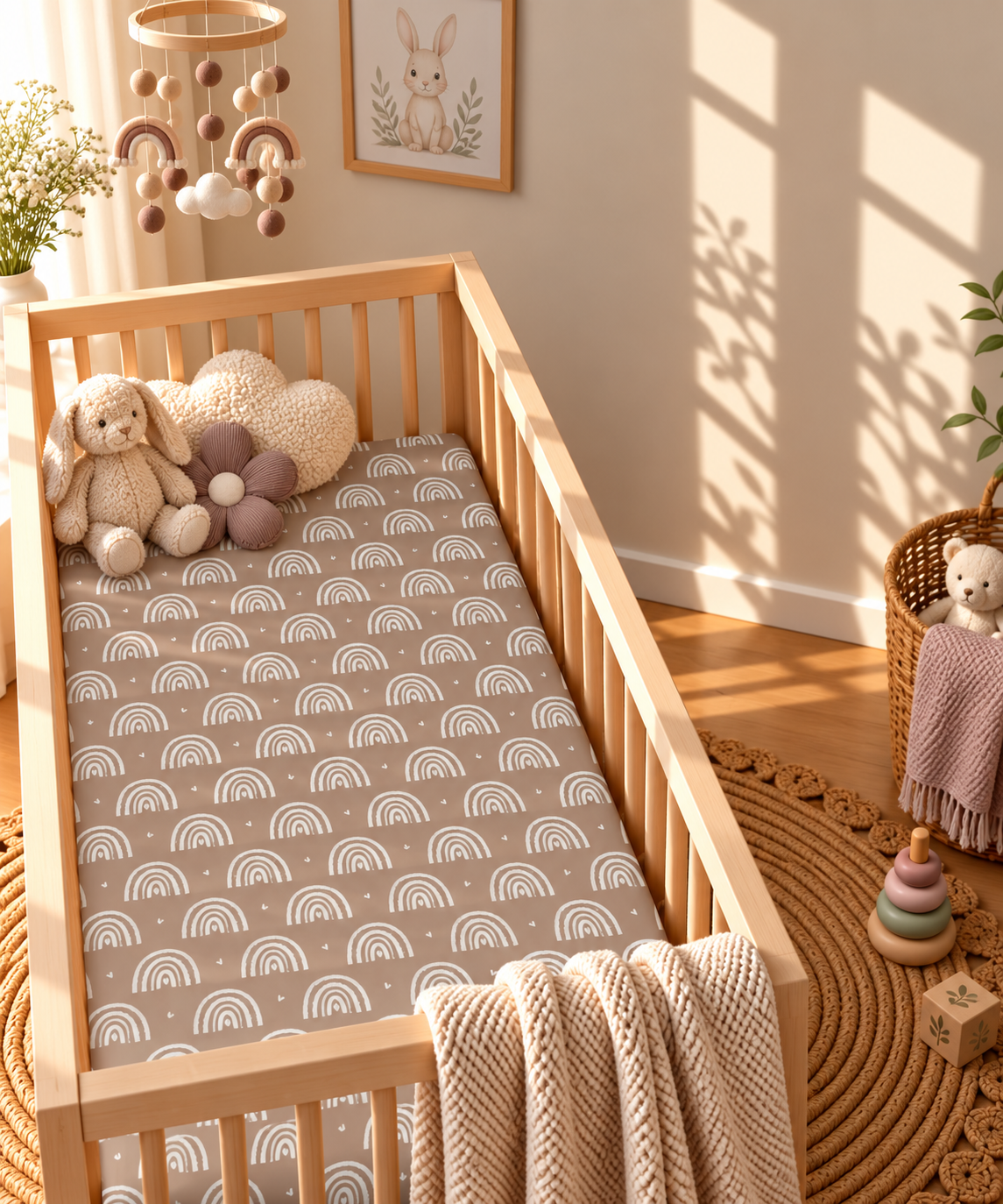 Mauve Boho Rainbow Crib Sheet in a wooden crib in a sunlit nursery