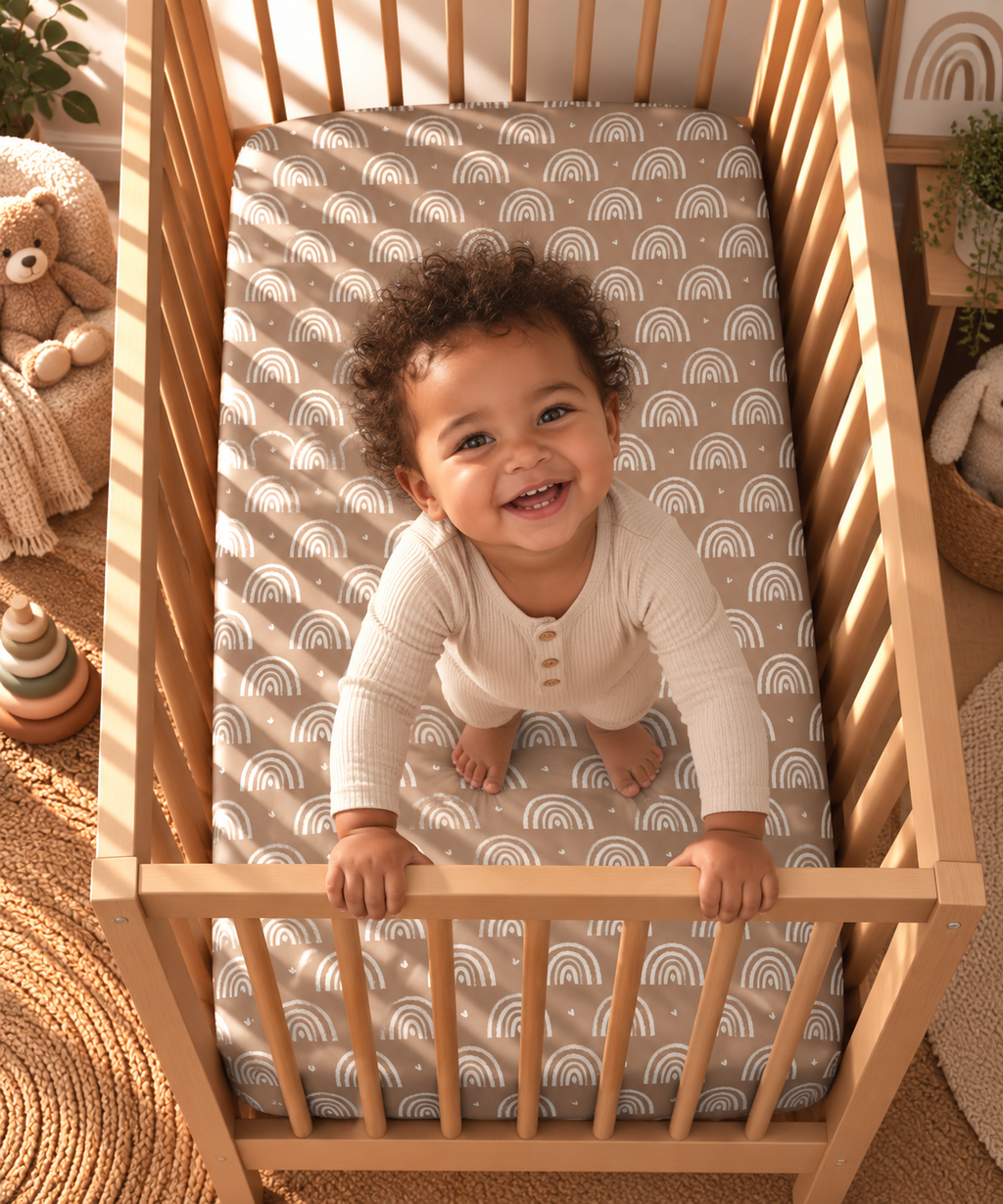 Toddler standing in a crib fitted with the Mauve Boho Rainbow Crib Sheet